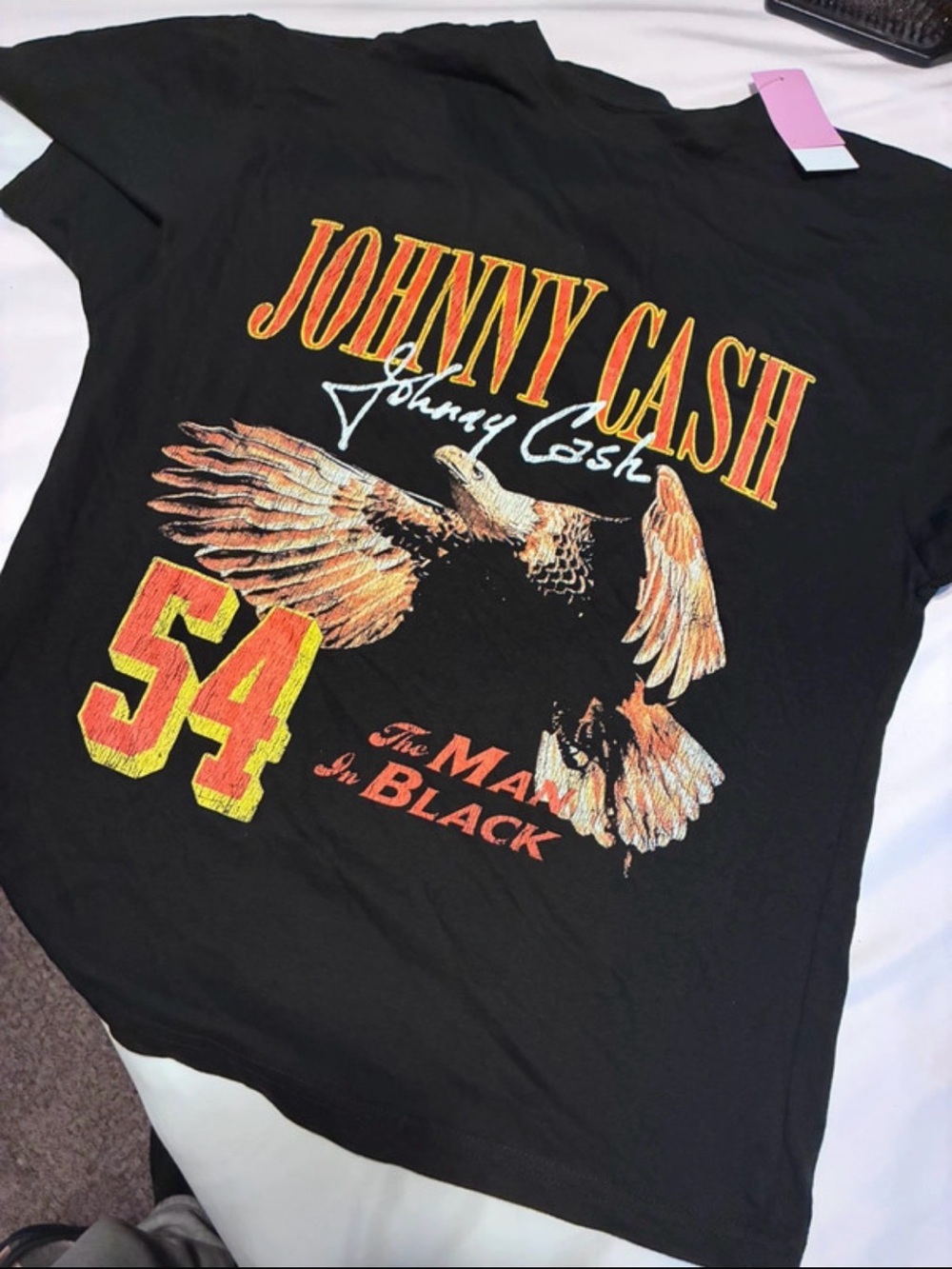 Ash Black Johnny Cash Graphic Tee with Eagle and Yellow-Orange Accents